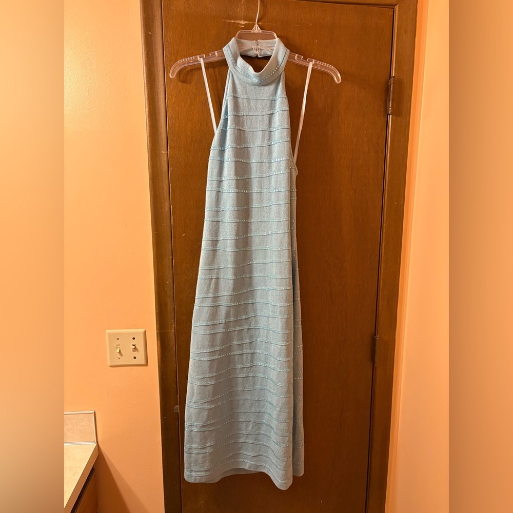 NWT St. John Evening Vintage Y2K blue halter sequin midi dress